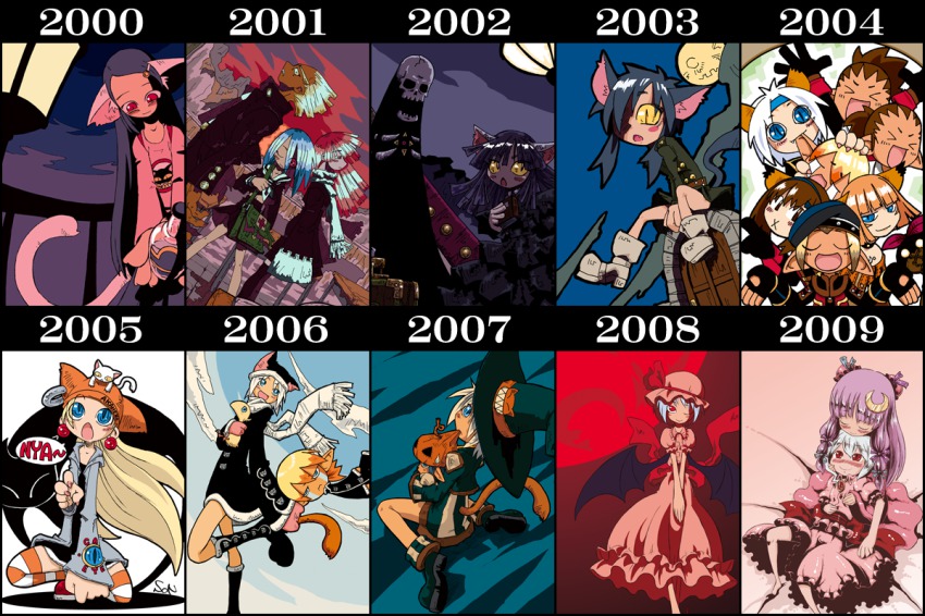 00s, 6+girls, animal_ears, bat_wings, blue_eyes, blush, brown_hair, cat_ears