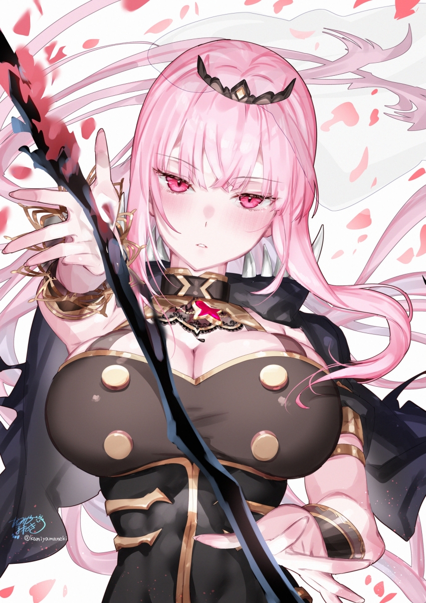 1girl, absurdres, black_cape, black_dress, black_tiara, blush, bracer, breasts