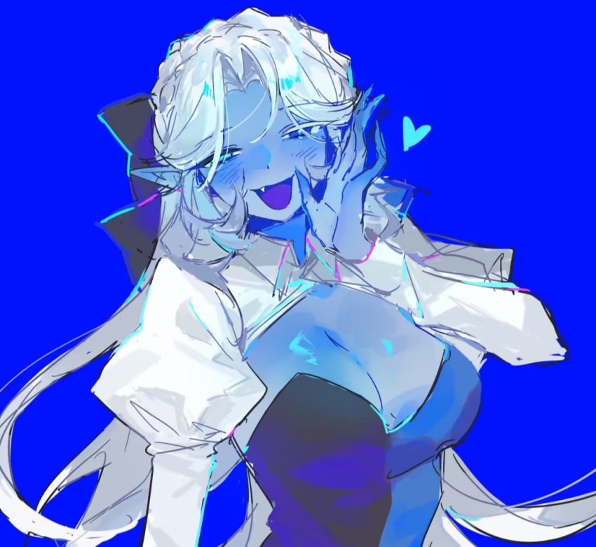 1girl, black_bow, black_dress, blue_background, bow, breasts, cookie_run, cookie_run:_kingdom