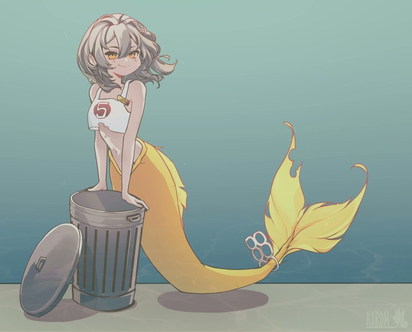 1girl, breasts, camisole, closed_mouth, fins, grey_hair, hair_between_eyes, highres, honkai:_star_rail, honkai_(series), karmen_hargidsi, medium_hair, mermaid, monster_girl, monsterification, navel, parody, shadow, sleeveless, smile, solo, stelle_(honkai:_star_rail), stomach, the_little_trashmaid, trailblazer_(honkai:_star_rail), trash_can, underwater, white_camisole, yellow_eyes, yellow_tail