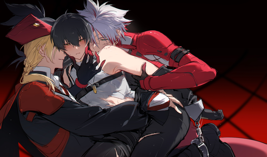 3boys, absurdres, armor, bdsm, bite_mark, bite_mark_on_shoulder, black_background, black_feathers