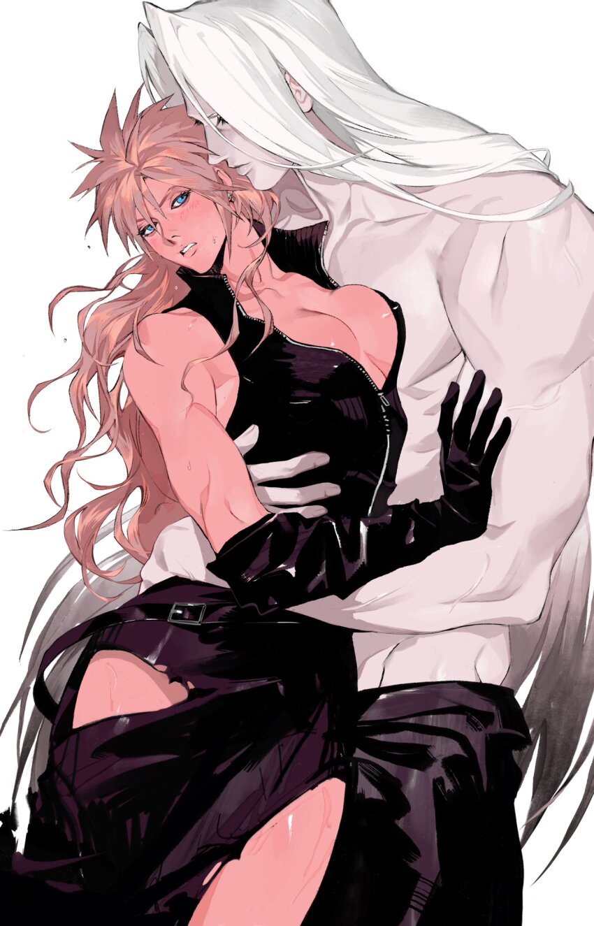 1boy, 1girl, alina99liang, alternate_hairstyle, black_gloves, black_pants, blue_eyes, blush, breasts, cleavage, cloud_strife, elbow_gloves, final_fantasy, final_fantasy_vii, final_fantasy_vii:_advent_children, genderswap, genderswap_(mtf), gloves, grey_hair, hand_on_another's_arm, highres, holding, hug, long_hair, pants, parted_lips, partially_unzipped, sephiroth, sleeveless, spiked_hair, standing, toned, toned_male, topless_male, torn_clothes, waist_cape