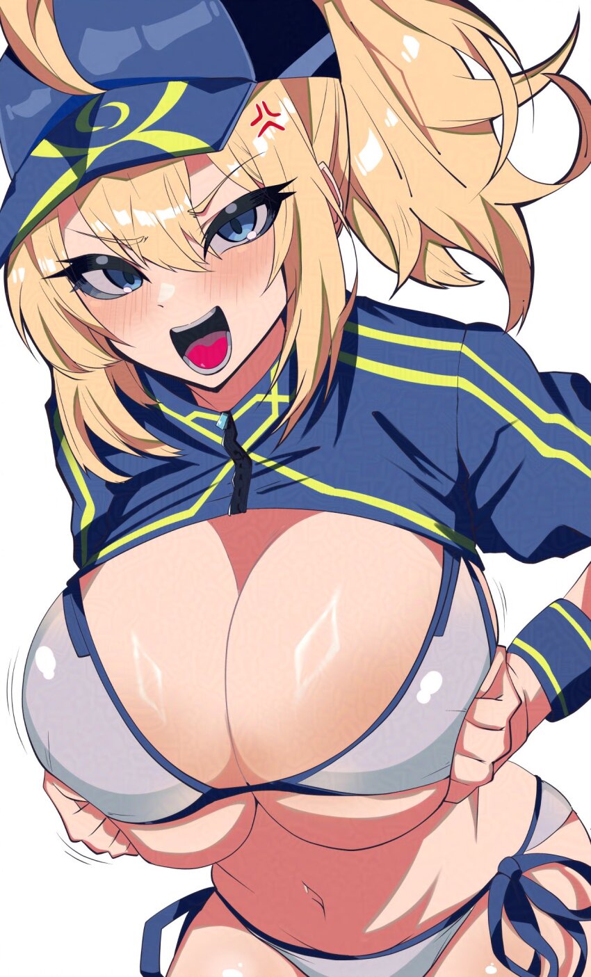 1girl, ahoge, anger_vein, artoria_pendragon_(fate), baseball_cap, bikini, blonde_hair, blue_eyes