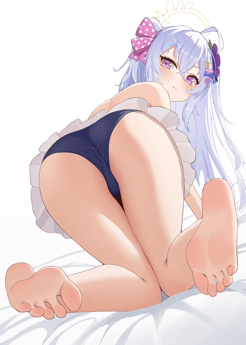 1girl, absurdres, all_fours, ass, azusa_(blue_archive), azusa_(swimsuit)_(blue_archive), bare_shoulders, barefoot