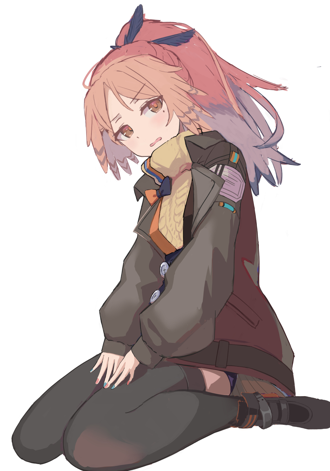 1girl, 8ka43, arknights, black_jacket, black_thighhighs, blue_nails, brown_eyes, brown_hair