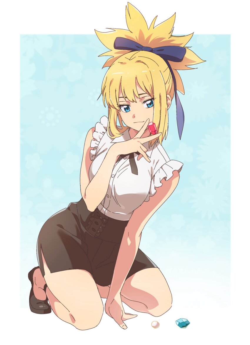 1girl, blonde_hair, blue_eyes, breasts, dr._stone, frilled_shirt, frills, full_body, hair_ribbon, highres, kneeling, kohaku_(dr._stone), looking_at_viewer, miniskirt, ponytail, poteke, ribbon, shirt, skirt, sleeveless, sleeveless_shirt, smile, solo, white_shirt