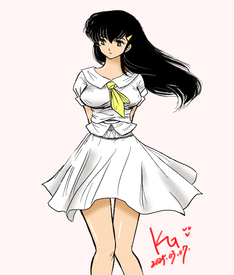 arms_behind_back, black_eyes, black_hair, breasts, collared_dress, cream_background, dress, jian_yin