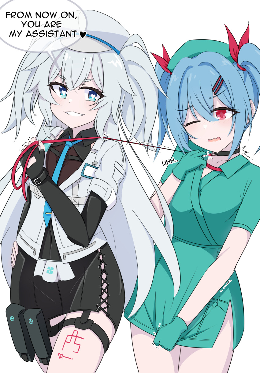 2girls, ;o, absurdres, black_choker, black_gloves, black_skirt, blue_eyes, blue_hair