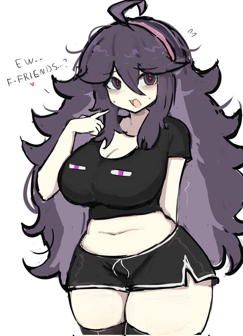 1girl, alternate_breast_size_(larger), breasts, character_print, commentary_request, enderman, english_text, heart, heart-shaped_pupils, hex_maniac_(pokemon), hex_maniac_(pokemon_xy), highres, large_breasts, long_hair, looking_at_viewer, m3link, minecraft, navel, nintendo, plump, pokemon, pokemon_x_and_y, shirt, short_shorts, shorts, solo, standing, symbol-shaped_pupils, talking, thick_thighs, thighs, yandere