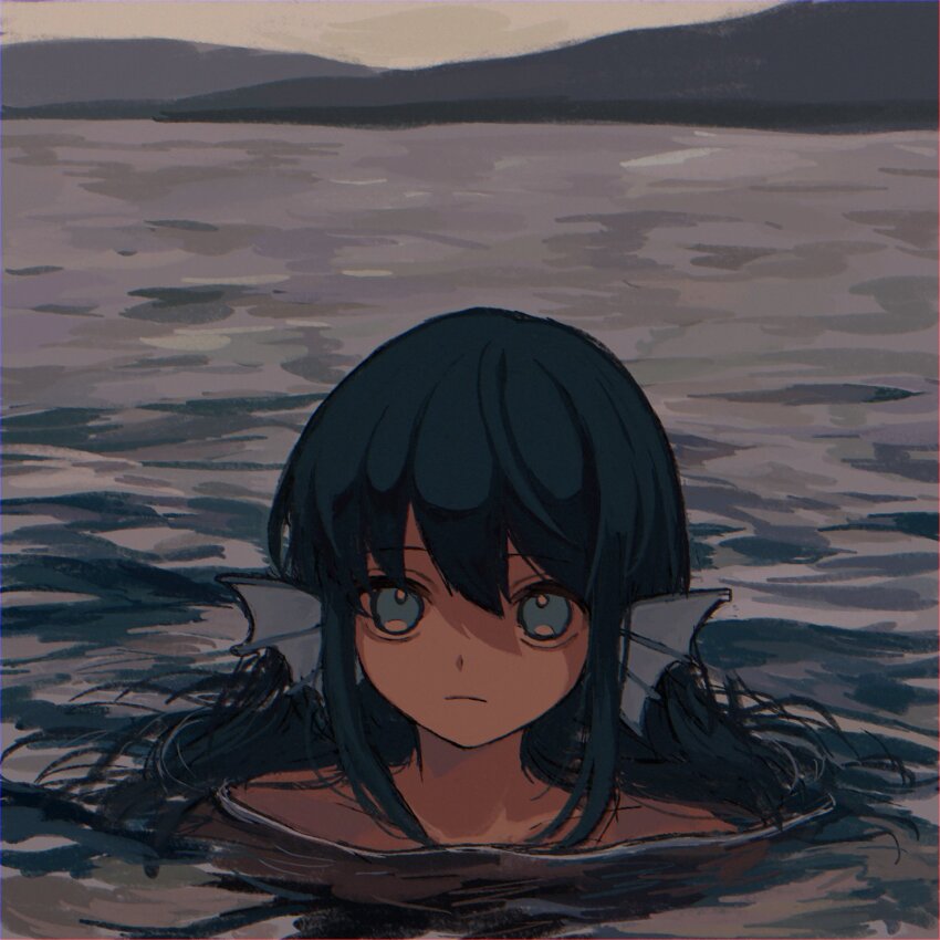 1girl, bare_shoulders, blue_eyes, blue_hair, closed_mouth, commentary_request, expressionless, fins, griffon0416, head_fins, highres, long_hair, mermaid, monster_girl, outdoors, partially_submerged, puyopuyo, serilly_(puyopuyo), solo, water