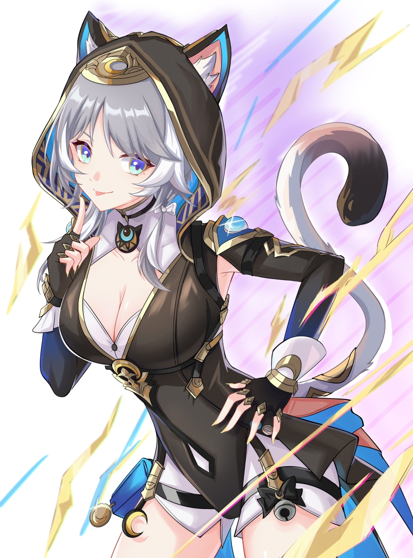 1girl, absurdres, animal_ears, animal_hood, black_gloves, black_leotard, blue_eyes, breasts