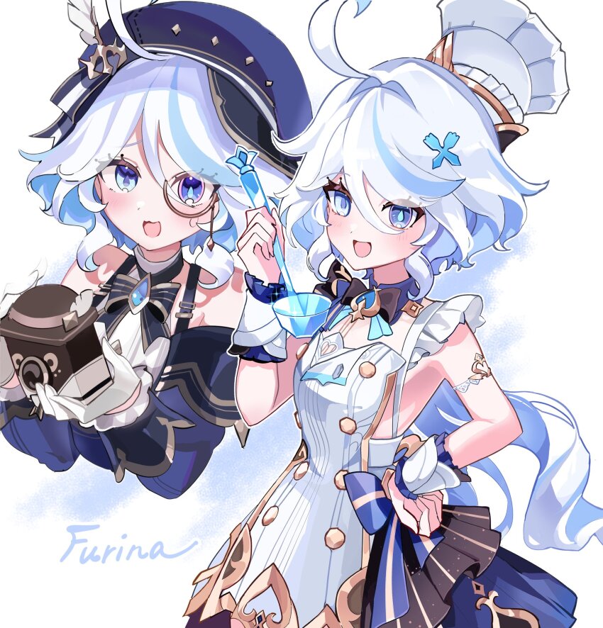 >_<, 1girl, :d, ahoge, apron, bare_shoulders, blue_eyes, blue_hair