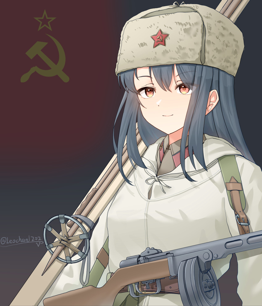 1girl, absurdres, artist_name, belt, black_hair, brown_belt, brown_hat, brown_jacket, closed_mouth, coat, collar_tabs, commentary, flag_background, gun, gun_sling, hammer_and_sickle, hat, highres, holding, holding_skis, jacket, leochan1202, military, military_coat, military_jacket, military_uniform, original, ppsh-41, red_eyes, red_star, smile, soldier, soviet_army, soviet_flag, star_(symbol), submachine_gun, upper_body, ushanka, weapon, white_coat, world_war_ii