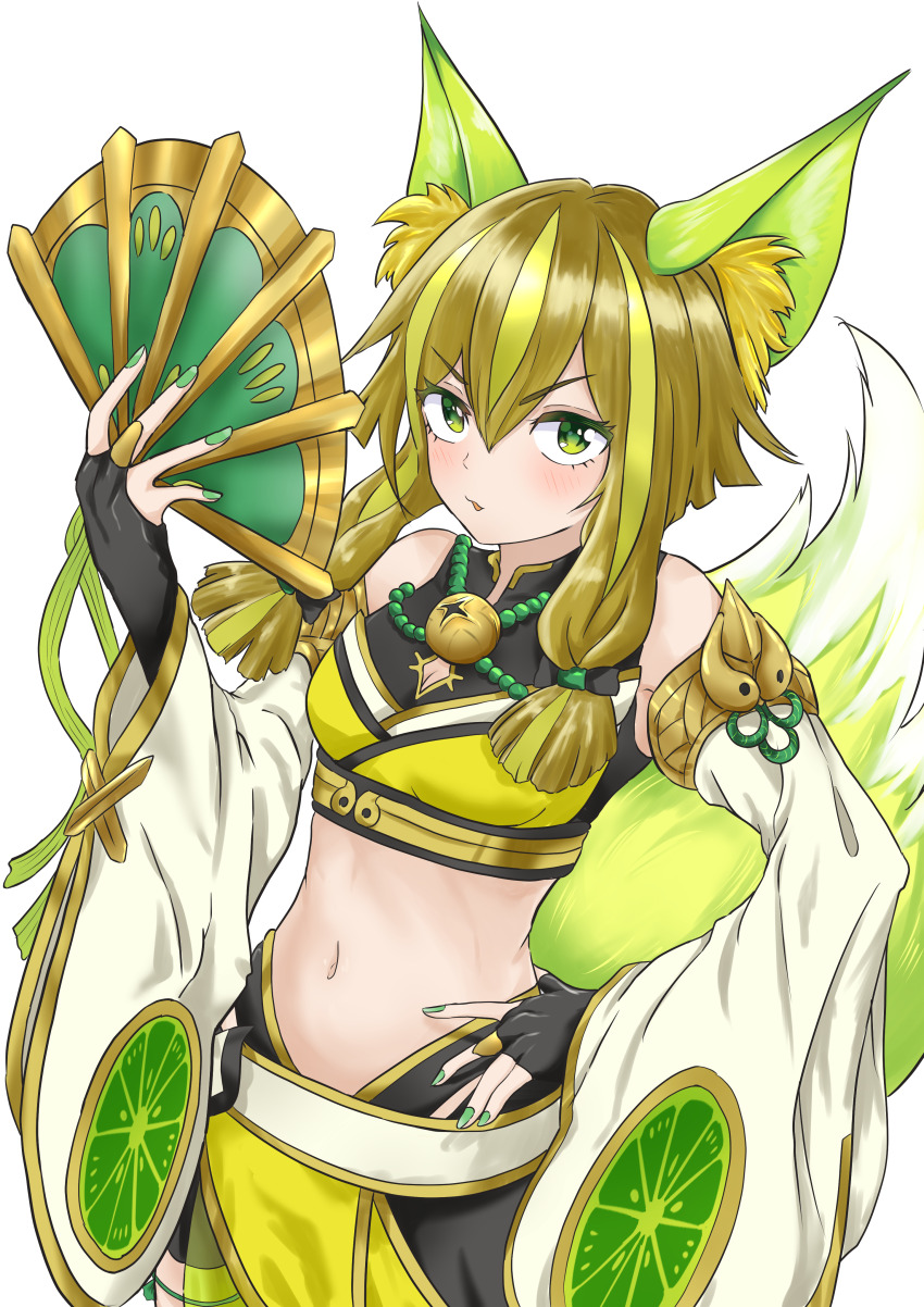 1girl, absurdres, animal_ears, bare_shoulders, bell, bike_shorts, black_bridal_gauntlets, blonde_hair