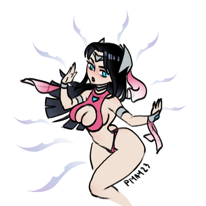 1girl, armlet, artist_name, ass, bare_shoulders, bikini, blue_eyes, breasts