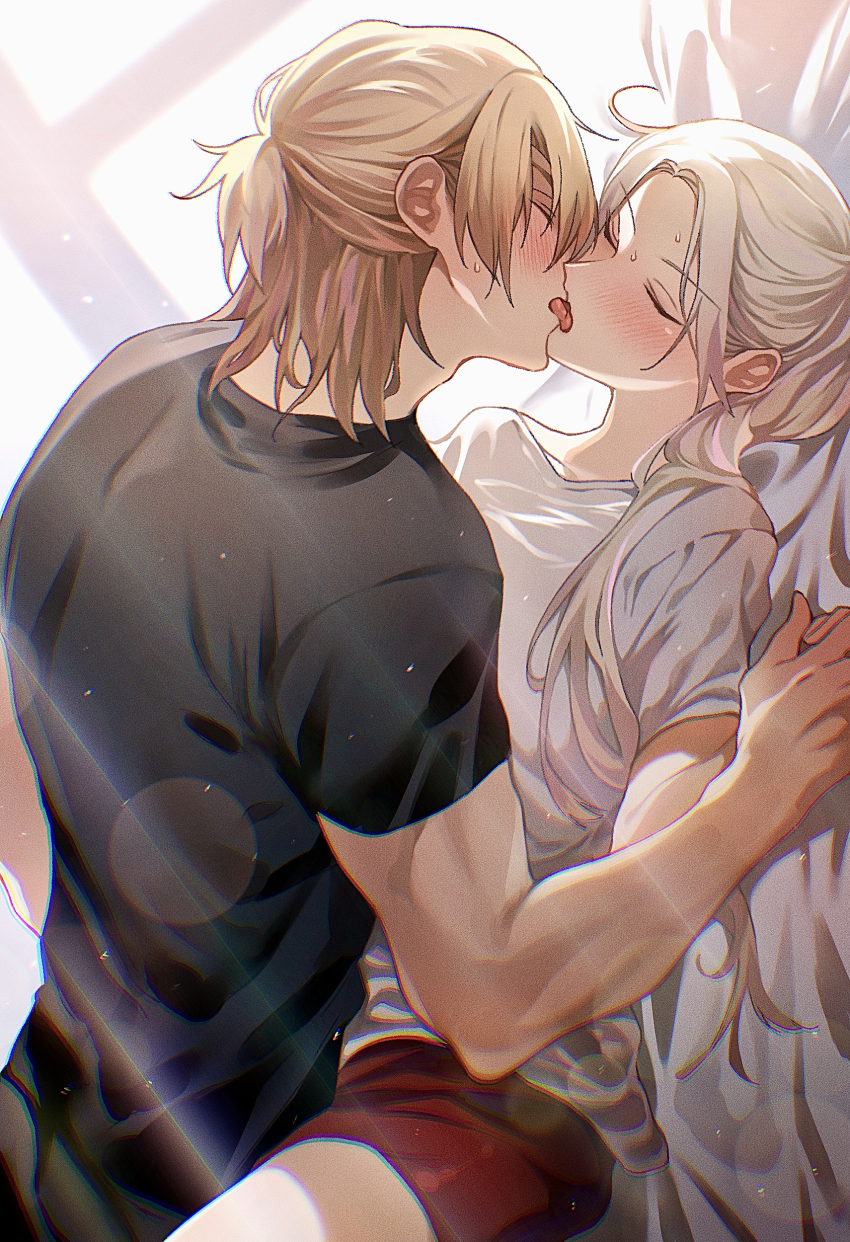 1boy, 1girl, absurdres, black_shirt, blonde_hair, closed_eyes, couple, dated_commentary