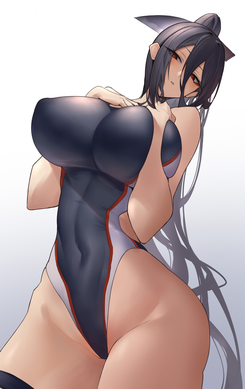 1girl, black_hair, breasts, competition_swimsuit, covered_navel, curvy, demon, demon_girl
