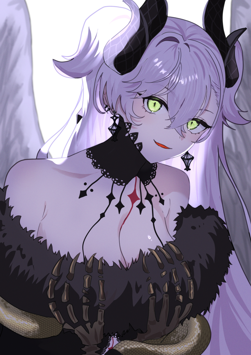 1girl, absurdres, bare_shoulders, breasts, cleavage, demon_girl, demon_horns, demon_wings