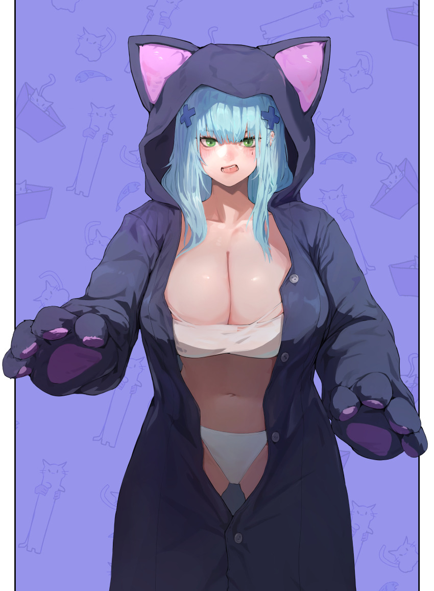 1girl, absurdres, alternate_costume, black_pajamas, blue_hair, blush, bra, breasts