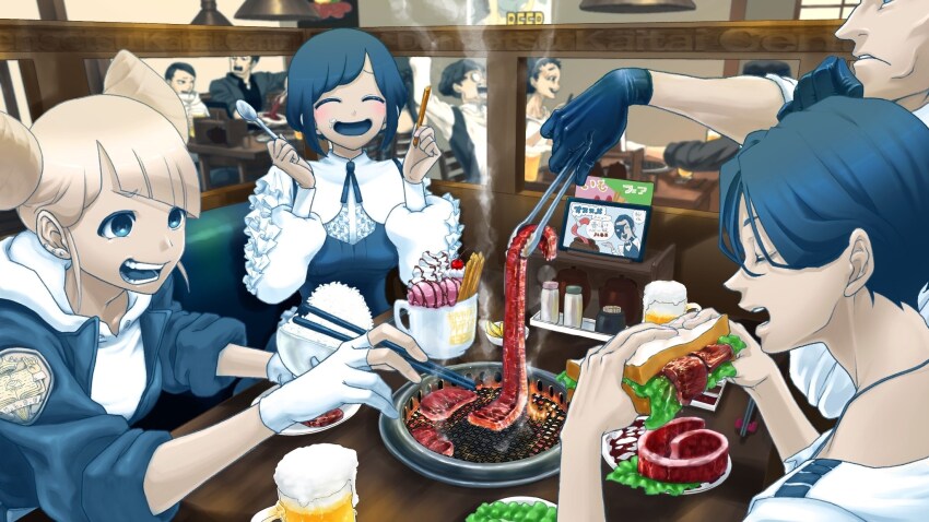 3girls, 6+boys, :d, alcohol, beef, beer, beer_mug, blonde_hair, blue_eyes, blue_gloves, blue_hair, blush, bowl, cherry, chinese_commentary, chopsticks, closed_eyes, collared_shirt, commentary_request, cone_hair_bun, cooking, copyright_name, cup, diagonal_bangs, double_bun, eating, food, frilled_shirt, frilled_sleeves, frills, fruit, fukurai_azami, gloves, grill, grilling, guide_(toshi_densetsu_kaitai_center), hair_bun, highres, holding, holding_bowl, holding_chopsticks, holding_food, holding_sandwich, holding_spoon, holding_tongs, hood, hood_down, hoodie, ice_cream, indoors, jumpsuit, long_sleeves, looking_at_another, matsuda_ryota, meat, meguriya_ayumu, mug, multiple_boys, multiple_girls, neighbor_(toshi_densetsu_kaitai_center), official_art, open_mouth, park_manager_(toshi_densetsu_kaitai_center), plate, puffy_sleeves, raw_meat, restaurant, rice, rice_bowl, salt_shaker, sandwich, second-party_source, shirt, short_hair, sitting, slice_of_life, smile, smoke, spoon, table, tanihara_kinoko, teeth, jasmine_(toshi_densetsu_kaitai_center), tomiiri_junzo, tongs, toshi_densetsu_kaitai_center, upper_body, white_hoodie, white_shirt, yakiniku, yamada_gasmask
