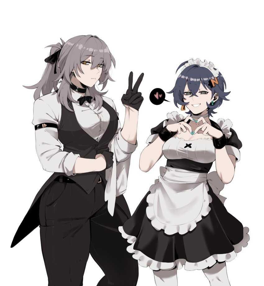 2girls, absurdres, apron, belle_(zenless_zone_zero), black_gloves, blue_hair, butler, coattails