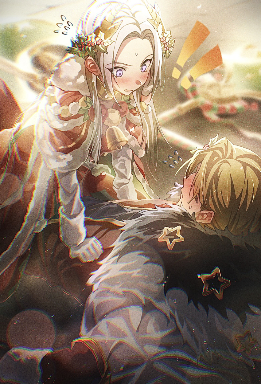 !, !!, 1boy, 1girl, bell, blonde_hair, blush, cape