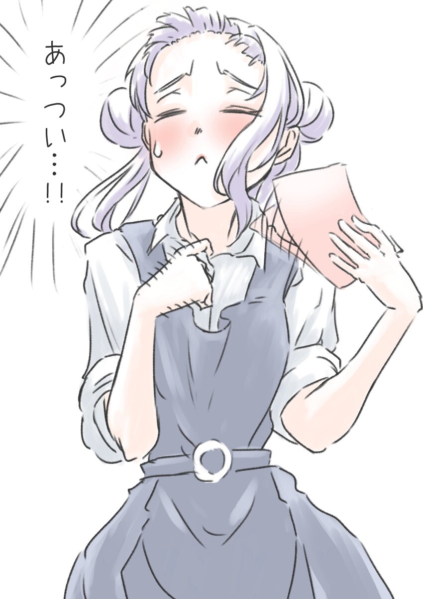 1girl, absurdres, arashi_chisato, bangs_blown_up, blush, collared_shirt, commentary_request, cowboy_shot, double_bun, dress, dress_shirt, facing_viewer, fanning_self, frown, grey_dress, hair_bun, highres, holding, holding_paper, hot, long_hair, love_live!, love_live!_superstar!!, motion_lines, paper, pinafore_dress, pleated_dress, raised_inner_eyebrows, school_uniform, shirt, short_sleeves, sidelocks, simple_background, sleeveless, sleeveless_dress, sleeves_rolled_up, solo, speed_lines, twintails, uduki_fuji, white_background, white_hair, white_shirt, yuigaoka_school_uniform