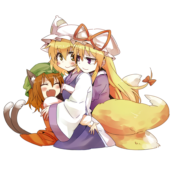 3girls, animal_ears, blonde_hair, brown_hair, cat_ears, cat_girl, cat_tail, chen