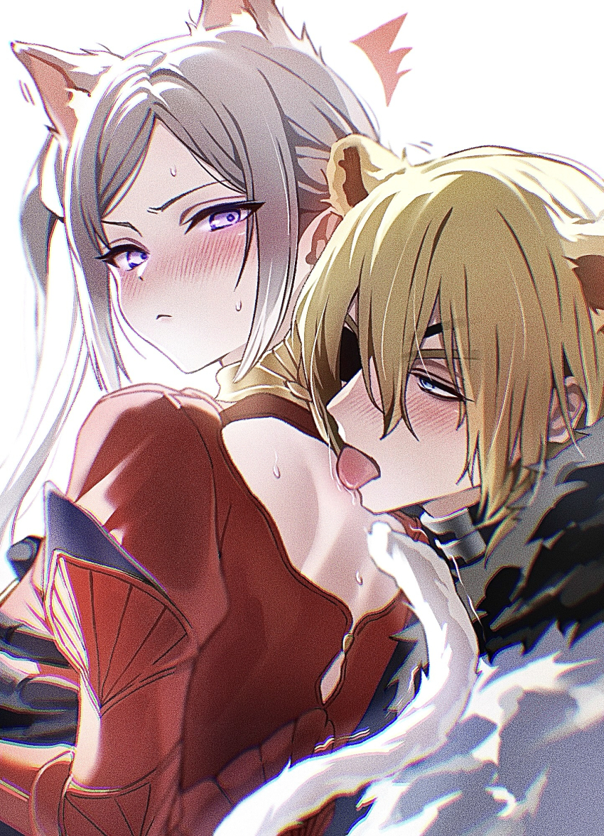 1boy, 1girl, animal_ears, blonde_hair, blush, closed_mouth, commentary_request, dimitri_alexandre_blaiddyd