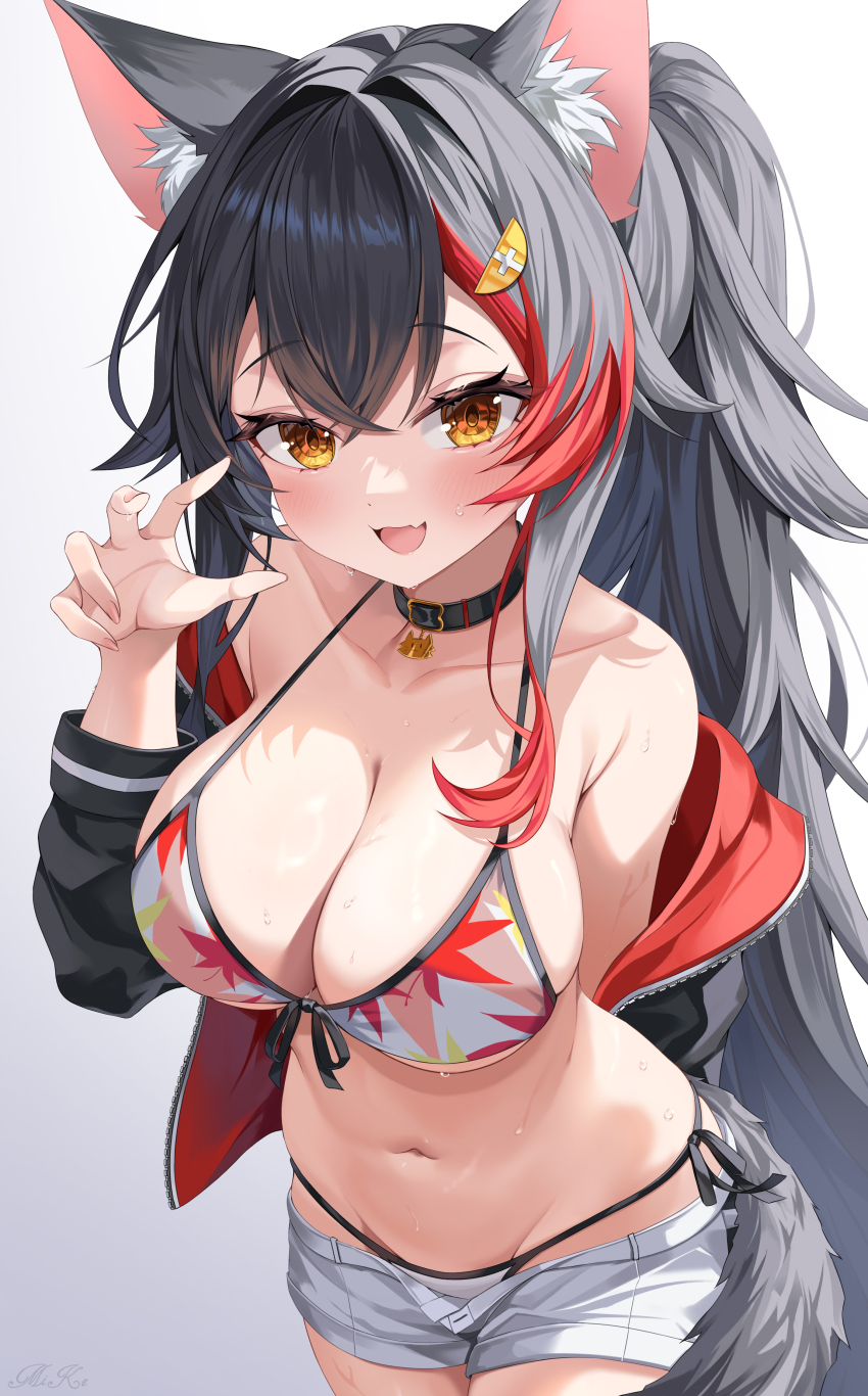 1girl, :d, absurdres, animal_collar, animal_ear_fluff, animal_ears, arm_behind_back, bikini