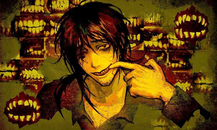 1boy, bags_under_eyes, bandage_on_face, bandages, black_hair, black_shirt, blood, blood_on_teeth