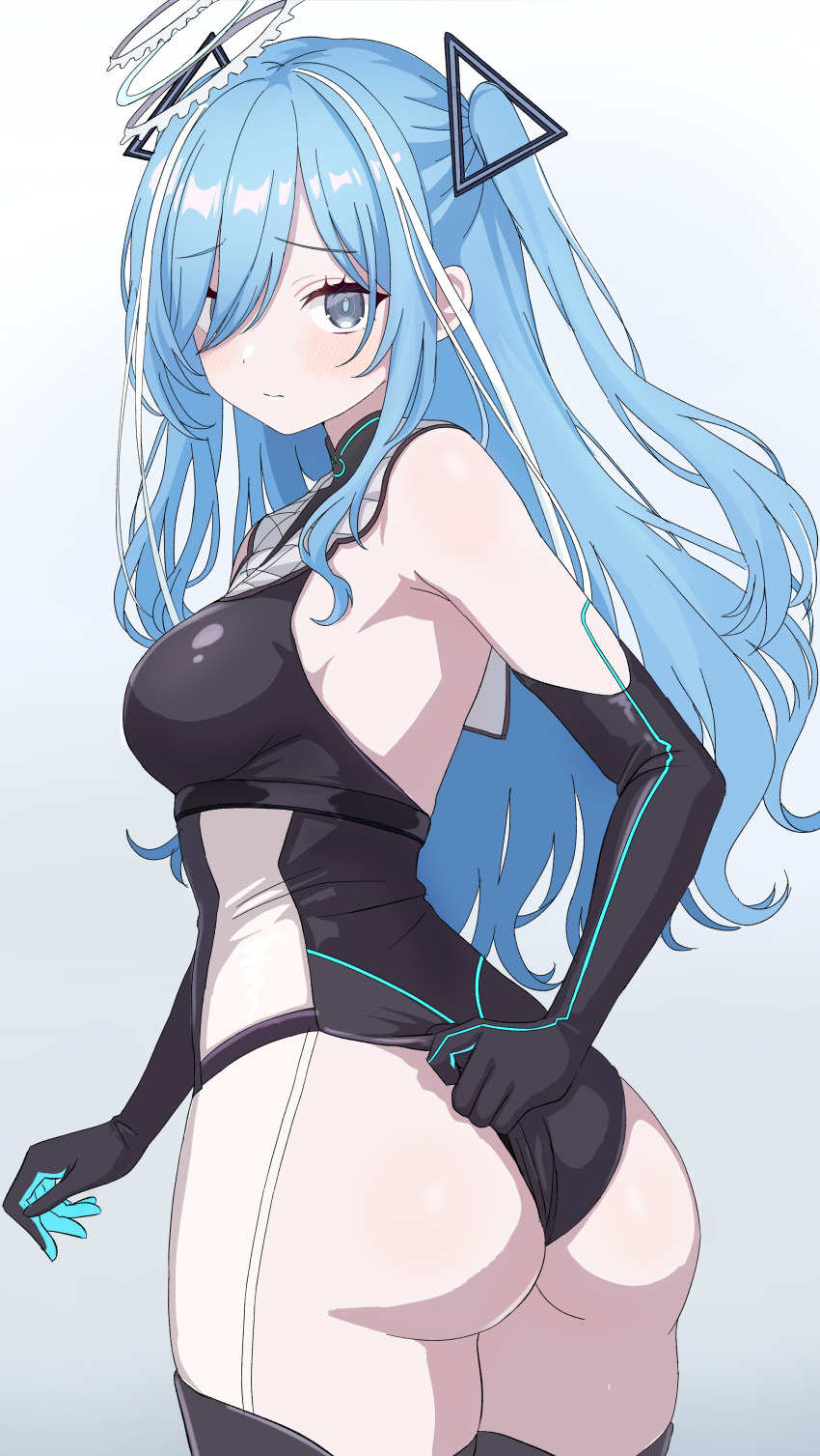 1girl, absurdres, ass, bare_shoulders, black_gloves, blue_eyes, blush, breasts, closed_mouth, commentary, elbow_gloves, gloves, green_hair, hair_ornament, halo, highres, long_hair, looking_at_viewer, looking_back, medium_breasts, multicolored_hair, solo, streaked_hair, toono_oto, two-tone_hair, varium, virtual_youtuber, white_hair, yamaoka_remu