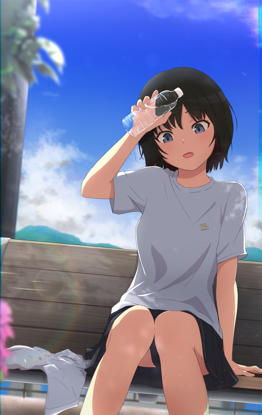 absurdres, amagami, bench, black_hair, black_skirt, bottle, commentary_request, day