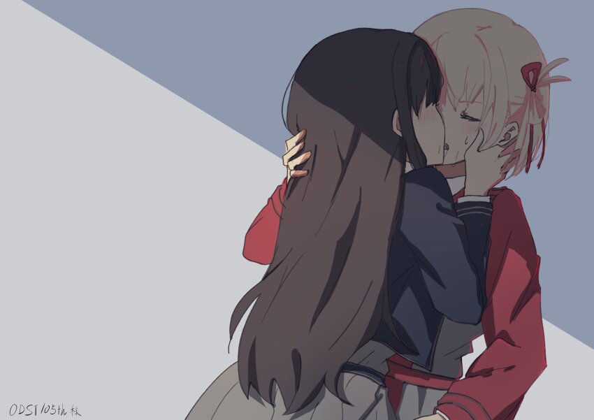 2girls, absurdres, black_dress, black_hair, blonde_hair, blush, closed_eyes, commentary, commission, dress, english_commentary, french_kiss, hair_ribbon, hand_in_another's_hair, hand_on_another's_face, highres, ini_yoy, inoue_takina, kiss, long_hair, lycoris_recoil, lycoris_uniform, multiple_girls, nishikigi_chisato, red_dress, red_ribbon, ribbon, second-party_source, short_hair, sweat, tongue, tongue_out, yuri