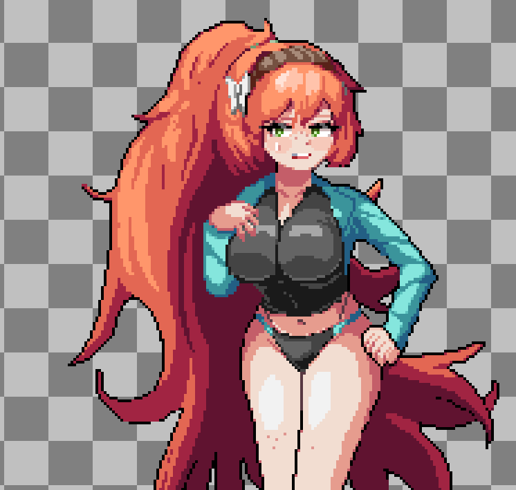 1girl, alternate_costume, arm_up, baeloe, black_panties, blue_jacket, breasts, butterfly_hair_ornament, checkered_background, cleavage, freckles, green_eyes, hair_ornament, hand_on_own_hip, headband, ishmael_(project_moon), jacket, limbus_company, long_hair, no_pants, orange_hair, panties, pixel_art, project_moon, shirt, solo, sweatdrop, swimsuit, tight_clothes, tight_shirt, underwear, very_long_hair