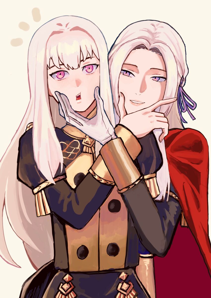 2girls, absurdres, buttons, cape, commentary_request, edelgard_von_hresvelg, fire_emblem, fire_emblem:_three_houses