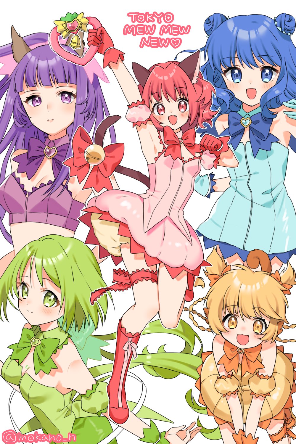 5girls, aizawa_mint, animal_ears, aqua_dress, aqua_gloves, armpits, arms_up, bare_shoulders