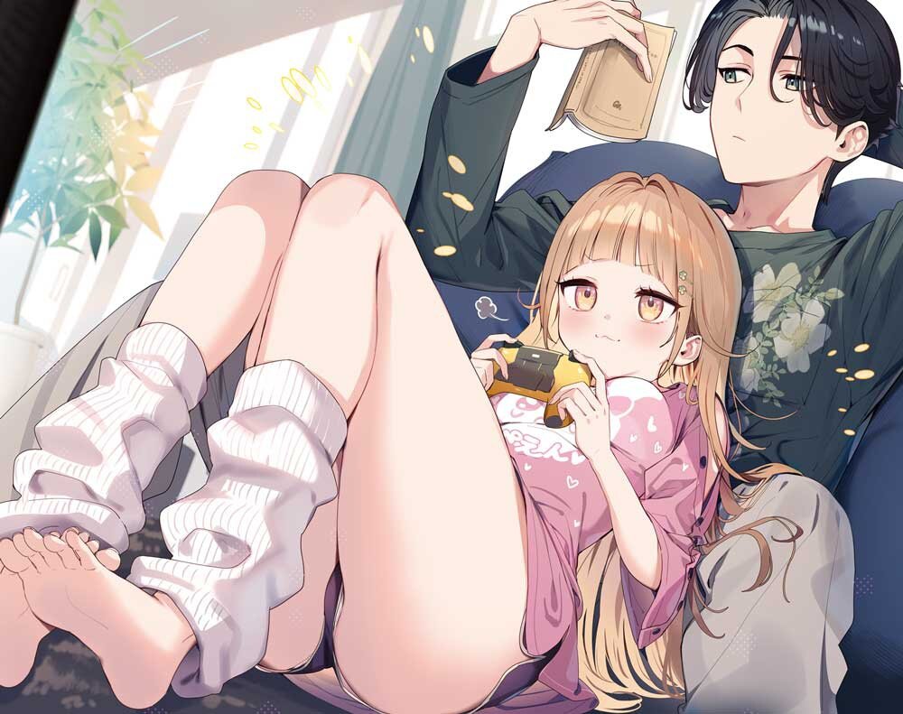 1boy, 1girl, :3, aoi_yuuto, ass, barefoot, black_eyes, black_hair