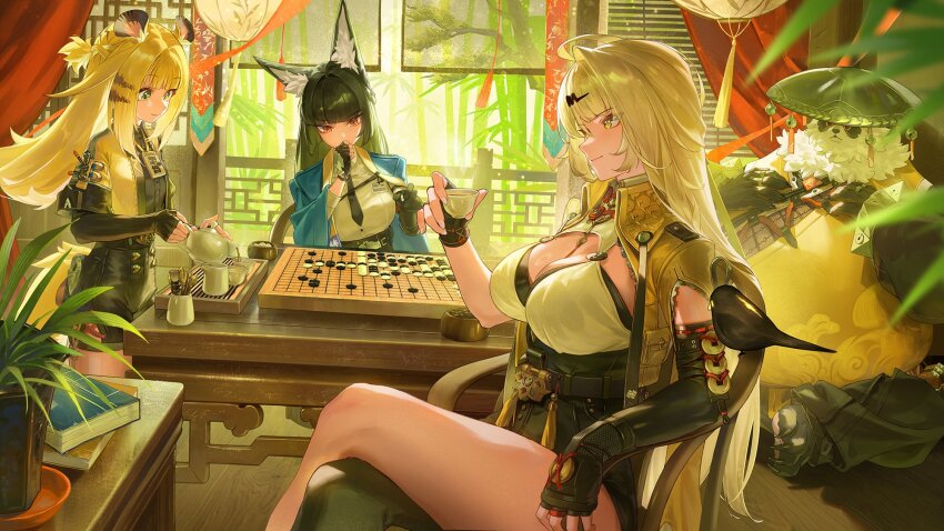 3girls, animal_ear_fluff, animal_ears, asymmetrical_gloves, black_gloves, black_hair, black_thighhighs, blonde_hair, board_game, breasts, chessboard, cleavage, closed_mouth, commentary, crossed_legs, cup, curtains, daniel_deng, elbow_gloves, english_commentary, fingerless_gloves, fox_ears, fox_girl, gloves, go_(board_game), green_eyes, grey_hair, highres, holding, holding_cup, holding_go_stone, holding_teapot, hoshimi_miyabi, indoors, japanese_clothes, ju_fufu, large_breasts, long_hair, looking_at_viewer, multiple_girls, necktie, pan_yinhu, plant, potted_plant, red_eyes, single_thighhigh, sitting, smile, teacup, teapot, thighhighs, tiger_ears, tiger_girl, uneven_gloves, yixuan_(zenless_zone_zero), zenless_zone_zero