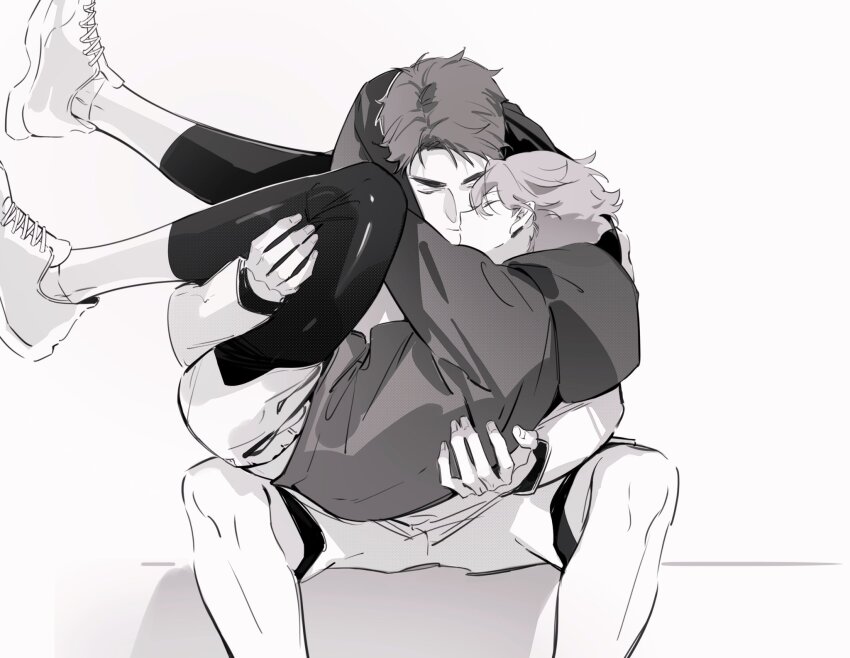 2boys, arms_around_neck, carrying, chinese_commentary, closed_mouth, commentary_request, fandangyu, feet_out_of_frame