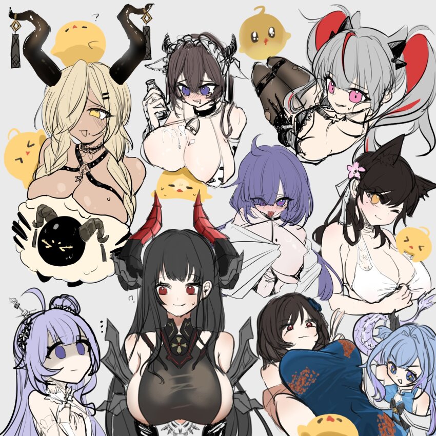 >_<, ..., 6+girls, :p, ?, alvitr_(azur_lane), animal_ear_fluff, animal_ears