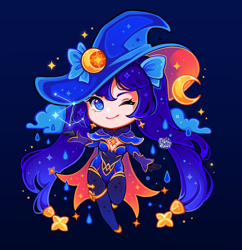 1girl, ;), black_gloves, blue_background, blue_eyes, blue_hair, blue_hat, blue_leotard