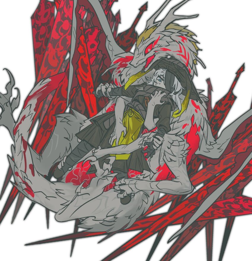 1boy, 1girl, black_boots, black_dress, black_gloves, black_hat, blue_eyes, boots