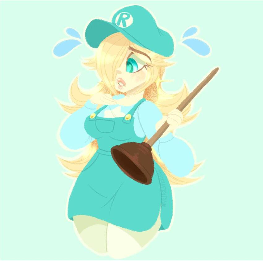 1girl, commentary, english_commentary, eyelashes, hair_over_one_eye, holding_plunger, long_hair, mario_(series)