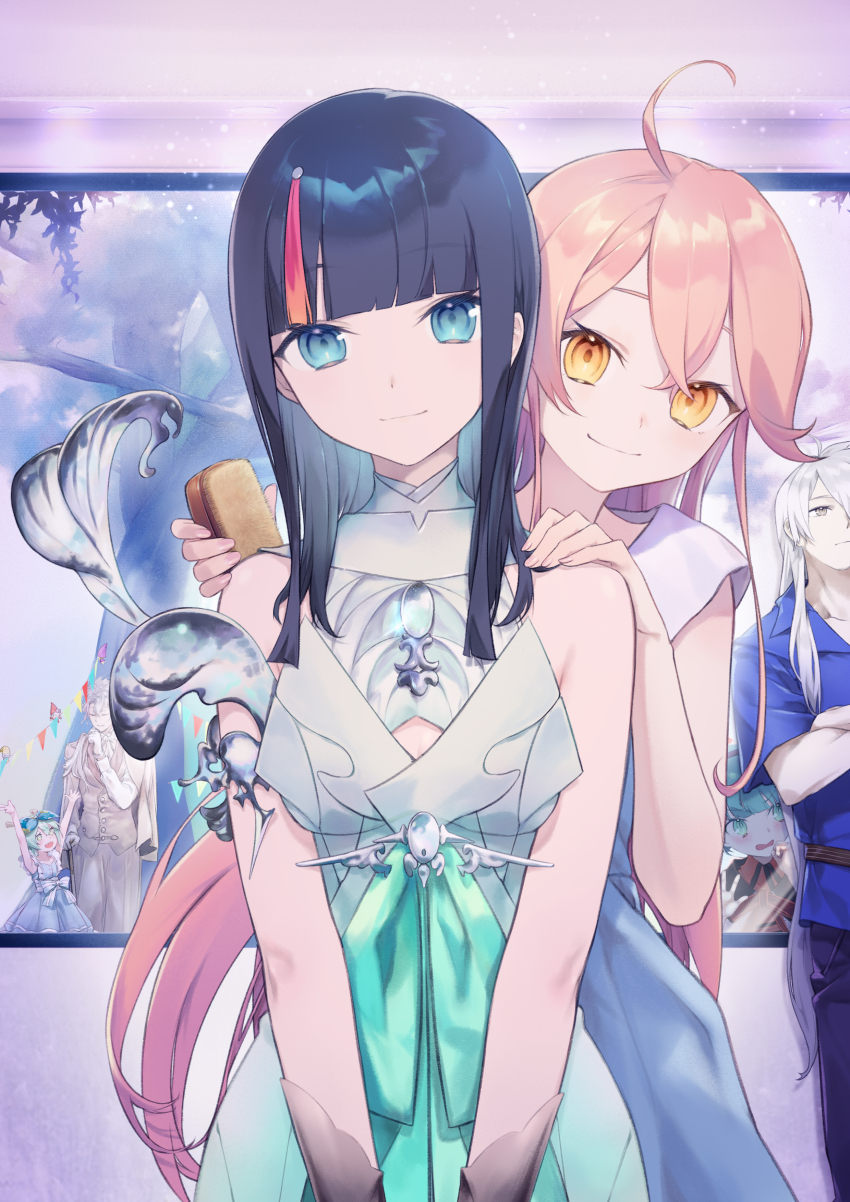 2boys, 4girls, absurdres, ahoge, aqua_skirt, bare_shoulders, black_hair, blue_eyes