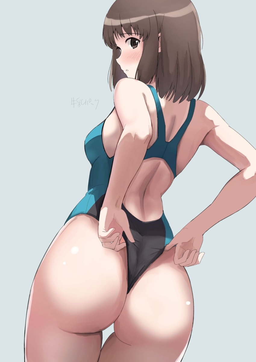 amagami, ass, ass_focus, blush, brown_hair, competition_swimsuit, gyuunyuu_pack_(tanaka), highres