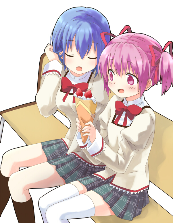 10s, 2girls, bench, blue_hair, closed_eyes, crepe, food, fruit