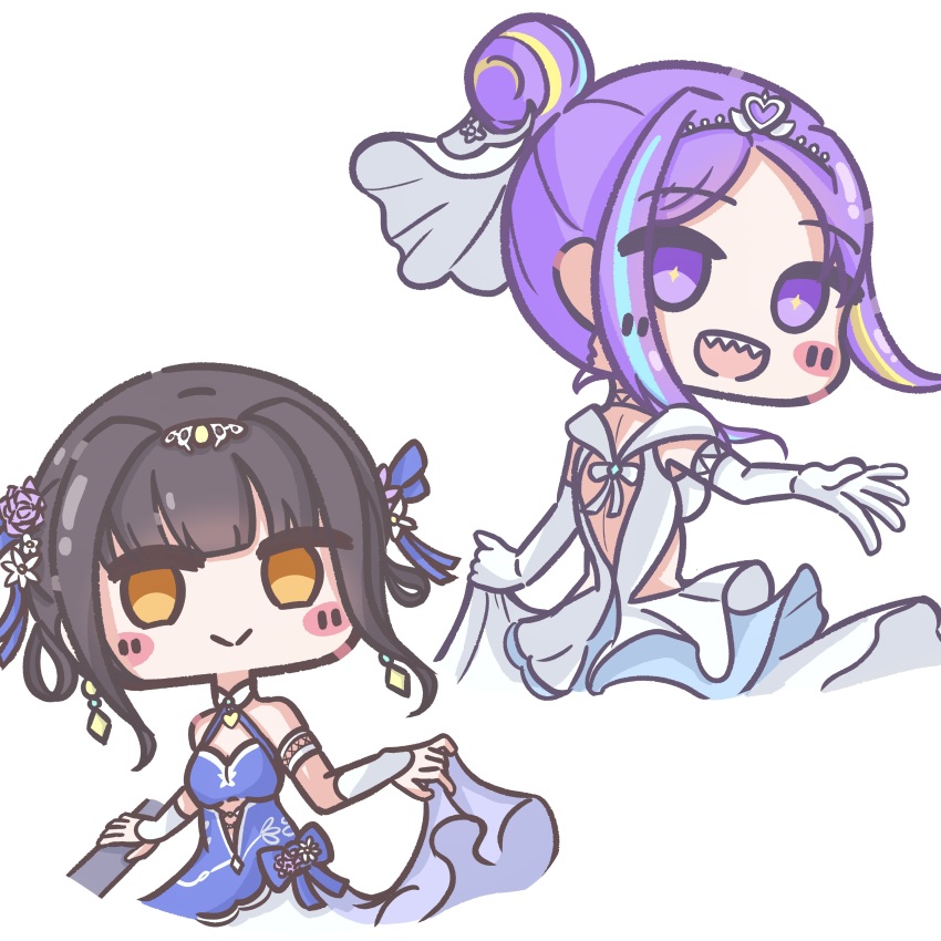 2girls, absurdres, arcshizuku, black_hair, blush, breasts, bride, dress