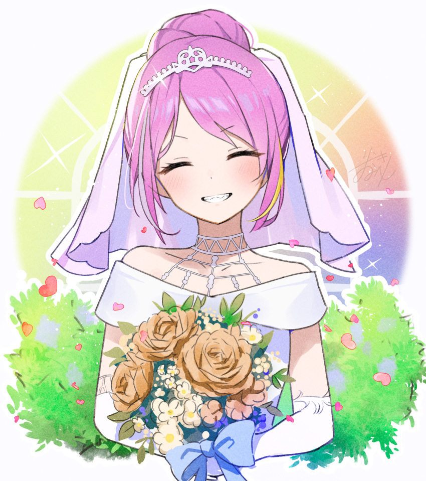 1girl, blush, bouquet, bridal_gauntlets, bridal_veil, bride, bush, collarbone, crown, dress, flower, grin, groom, heaven_burns_red, highres, holding, holding_bouquet, ishii_iroha, ishii_iroha_(happiness_chroma), multicolored_hair, off_shoulder, purple_eyes, purple_hair, rinki_oohen, smile, solo, streaked_hair, veil, wedding, wedding_dress, white_dress