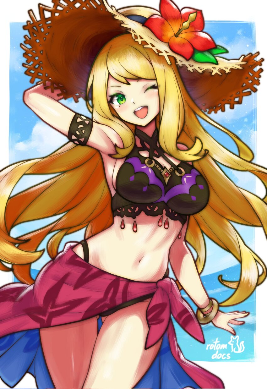 1girl, arm_behind_head, bikini, black_bikini, blonde_hair, breasts, chelle_(dragalia_lost), chelle_(summer)_(dragalia_lost)